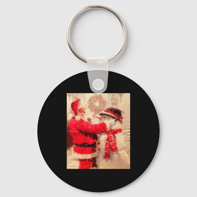 Santa Claus And Snowman In Snowfall  Key Ring (Front)