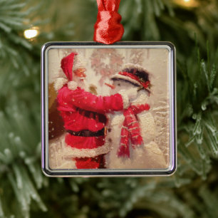 Santa claus and snowman in snowfall metal tree decoration