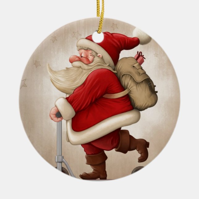 Santa Claus and the Push scooter Ceramic Tree Decoration (Front)