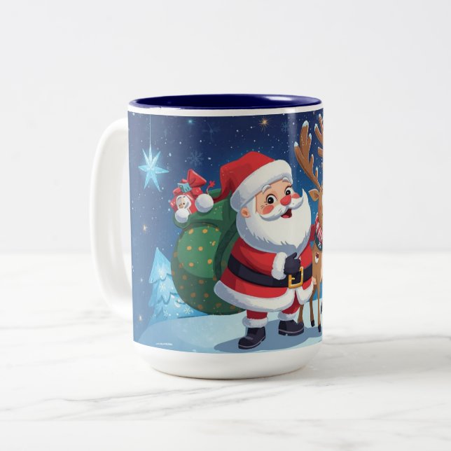 Santa Claus and the reindeer christmas Two-Tone Coffee Mug (Front Left)