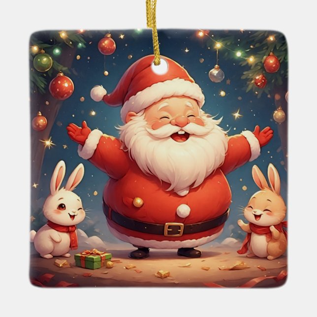 Santa Claus and Two Cheerful Rabbits Ceramic Ornament (Front)