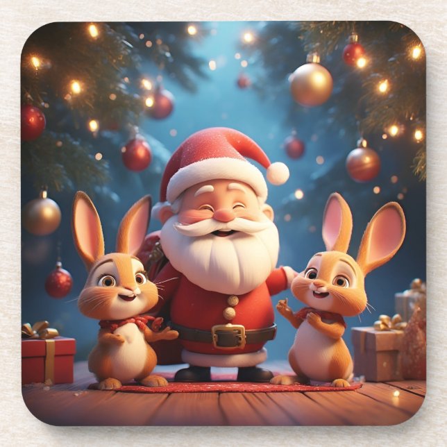 Santa Claus and Two Cheerful Rabbits Coaster (Front)