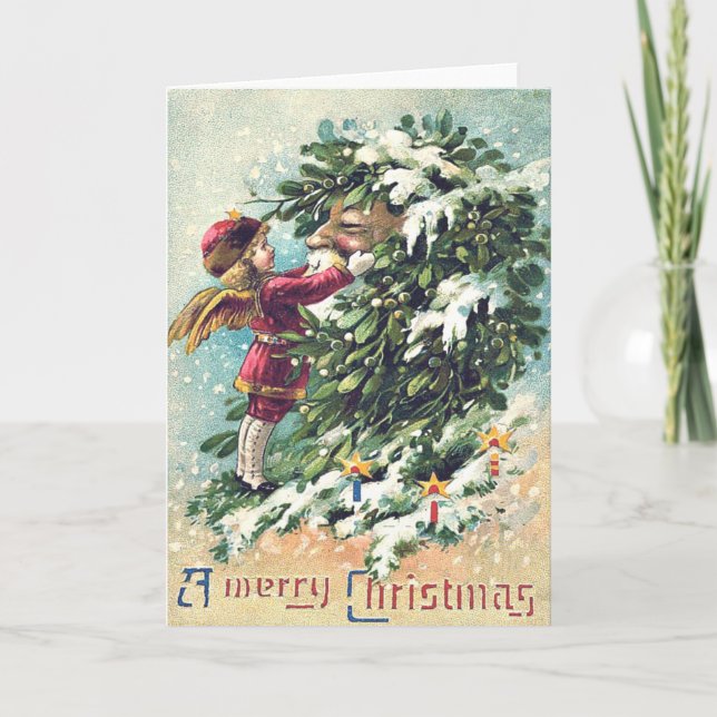 Santa Claus Angel Cherub Mistletoe Holiday Card (Front)
