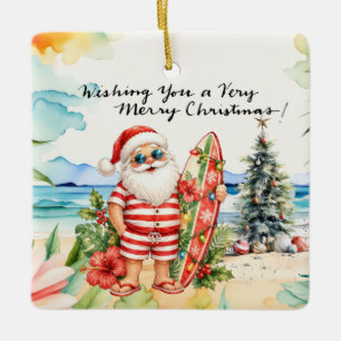 SANTA CLAUS at Hawaii Beach for Christmas Ceramic Ornament