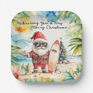SANTA CLAUS at Hawaii Beach for Christmas Paper Plate