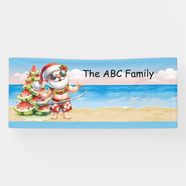 Santa Claus at the beach  Christmas in July Party Banner (Horizontal)