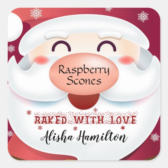 Santa Claus, Baked with Love, Snowflakes Square Sticker (Front)