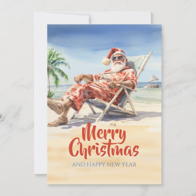 Santa Claus Beach Watercolor Holiday Card (Front)