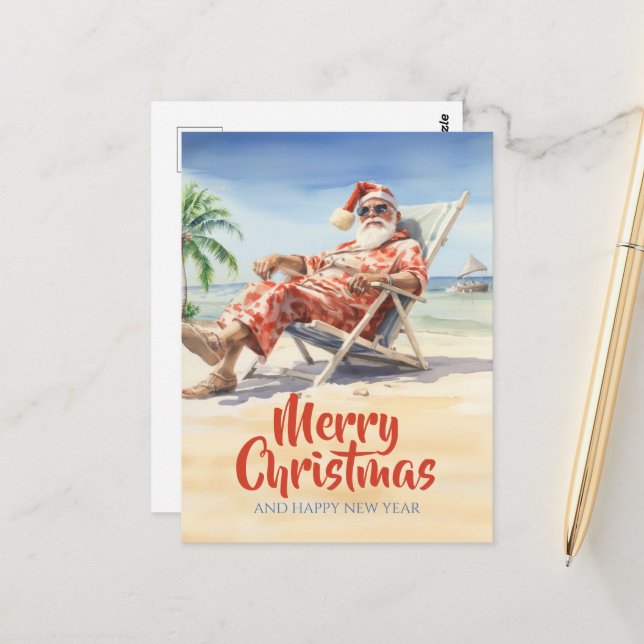 Santa Claus Beach Watercolor Postcard (Front/Back In Situ)