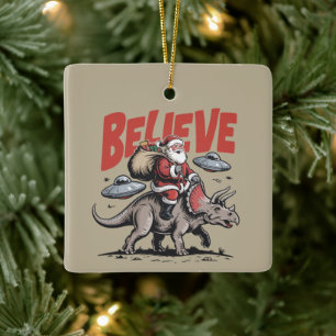 Santa Claus Believe Dinosaur Christmas Triceratops Ceramic Ornament