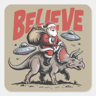 Santa Claus Believe Dinosaur Christmas Triceratops Square Sticker