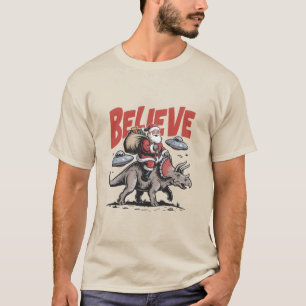 Santa Claus Believe Dinosaur Christmas Triceratops T-Shirt