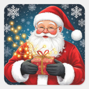 Santa Claus Beside Christmas Tree And Gifts Square Sticker