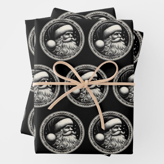 Santa Claus Black Vintage Wrapping Paper Sheet (In situ)