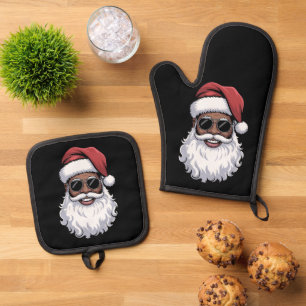 Santa Claus Black Xmas Santa Afro African American Oven Mitt & Pot Holder Set