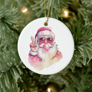 Santa Claus Blowing Bubble Gum Pink Sunglasses  Ceramic Tree Decoration