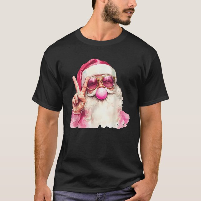 Santa Claus Blowing Bubble Gum Pink Sunglasses Chr T-Shirt (Front)