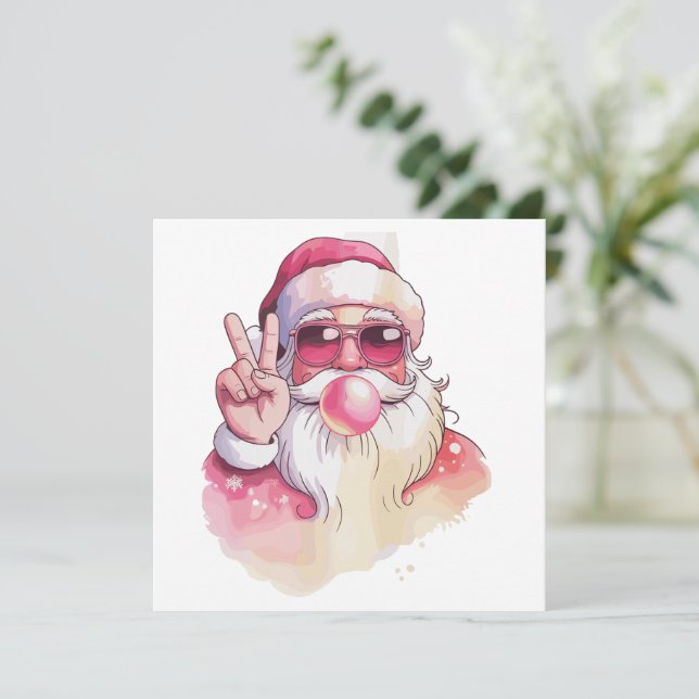 Santa Claus Blowing Bubble Gum Pink Sunglasses  Holiday Card (Standing Front)