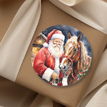 Santa Claus Brown Horse | Rustic Farm Christmas Classic Round Sticker<br><div class="desc">Sweet old-fashioned vintage watercolor Santa Clause and a brown horse on a rustic farm.</div>