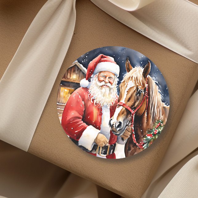 Santa Claus Brown Horse | Rustic Farm Christmas Classic Round Sticker (Creator Uploaded)