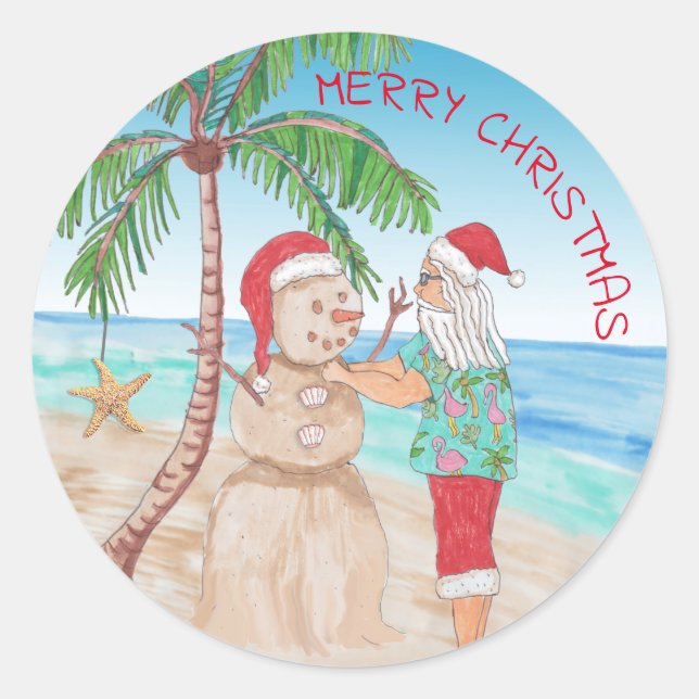 Santa Claus Building Sandy Snowman Christmas Classic Round Sticker (Front)