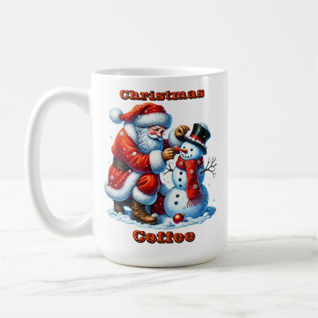 Santa Claus Builds a Snowman in Winter Wonderland Coffee Mug (Left)