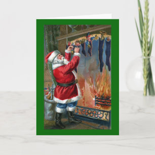 Santa Claus Busy Filling Stockings Holiday Card
