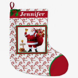 Santa Claus Candy Cane Name Red & Green Large Christmas Stocking