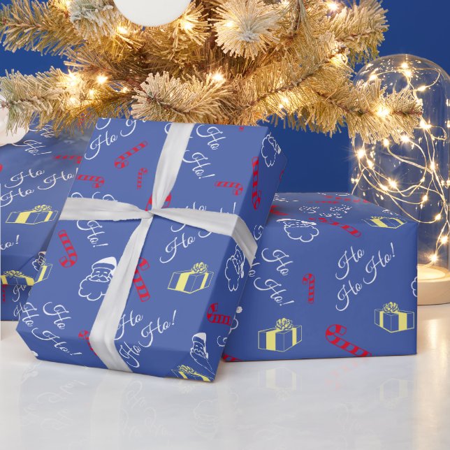 Santa Claus Candy Cane Pattern Blue Christmas Wrapping Paper (Holidays)