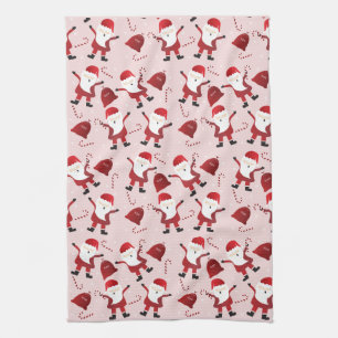 Santa Claus Candy Canes Snowflakes Pattern Red Tea Towel
