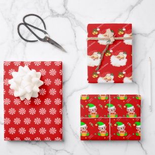 Santa Claus, Candy Mints, Christmas Elf on Red Wrapping Paper Sheet