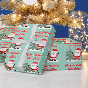 Santa Claus cartoon with Christmas tree teal Wrapping Paper