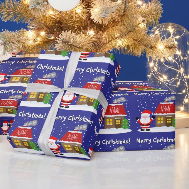 Santa Claus cartoon with house and Christmas tree Wrapping Paper (Holidays)