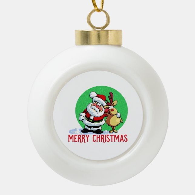 Santa Claus cartoon with reindeer Ceramic Ball Christmas Ornament (Front)