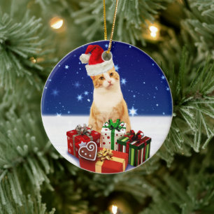 Santa Claus Cat with Christmas Gift Ceramic Tree Decoration