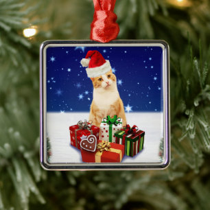 Santa Claus Cat with Christmas Gift Metal Tree Decoration