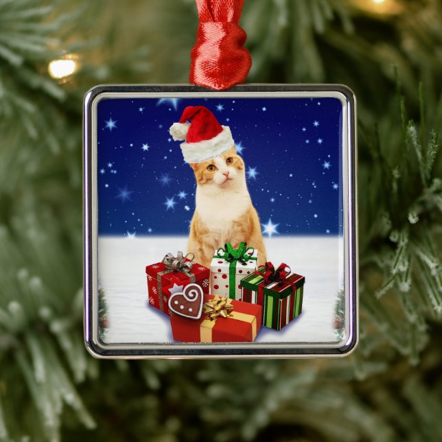 Santa Claus Cat with Christmas Gift Metal Tree Decoration (Tree)