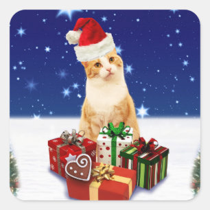 Santa Claus Cat with Christmas Gift Square Sticker