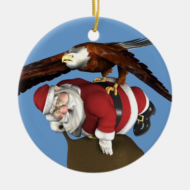 Santa Claus Caught By Bald Eagle Ceramic Tree Decoration (Front)