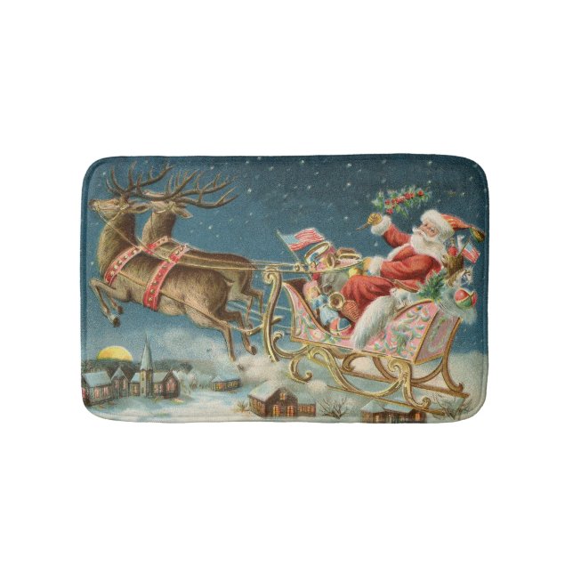 Santa Claus Christmas Antique Sleigh Reindeer Bath Mat (Front)