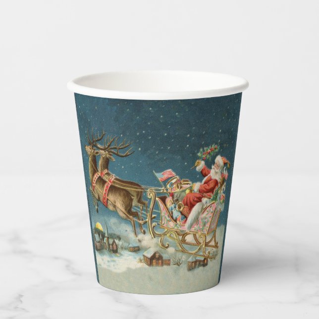 Santa Claus Christmas Antique Sleigh Reindeer Paper Cups (Front)