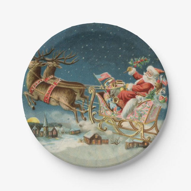 Santa Claus Christmas Antique Sleigh Reindeer Paper Plate (Front)