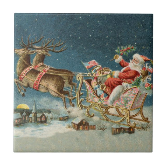 Santa Claus Christmas Antique Sleigh Reindeer Tile (Front)