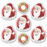 Santa Claus Christmas cartoon Sticker<br><div class="desc">Set of seven cut-vinyl stickers with an illustration of a happy smiling Santa Claus with a red hat,  on a red background; five stickers of Santa and two stickers with a Christmas wreath; with a customisable text template for your name or message</div>