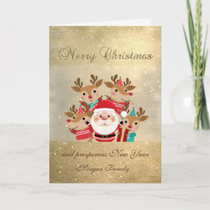 Santa Claus,Christmas Deer,Glittery, Holiday Card