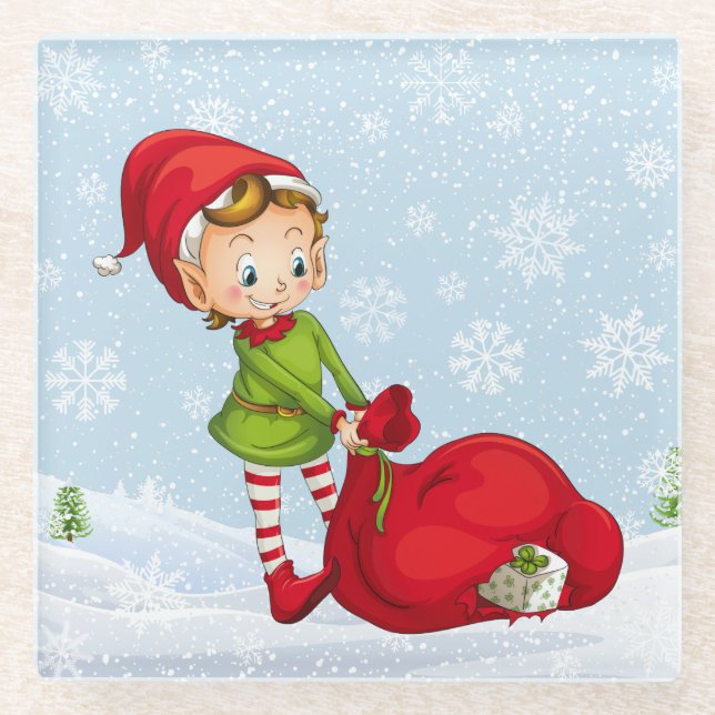 Santa Claus Christmas Elf  Glass Coaster (Front)