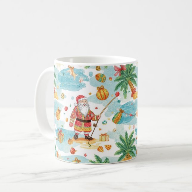 Santa Claus Christmas Fishing in Summer Coffee Mug (Front Left)