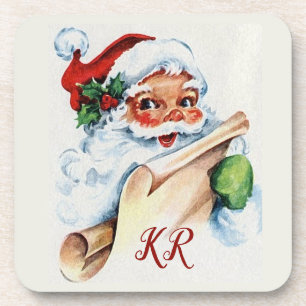 Santa Claus Christmas Holiday List Monogrammed Coaster
