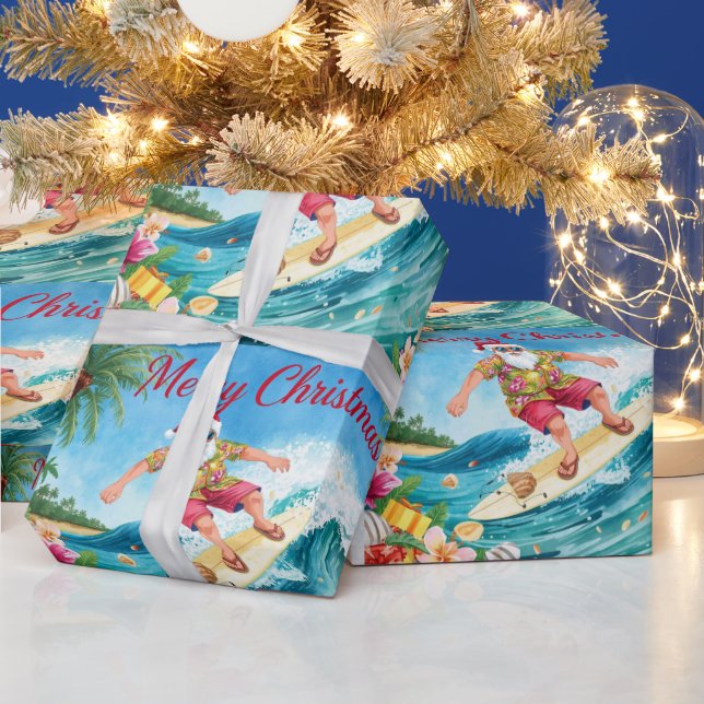Santa Claus Christmas in July at the beach surfer Wrapping Paper (Holidays)