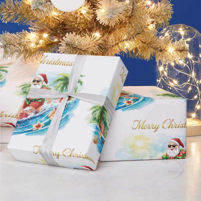 Santa Claus Christmas in July at the beach surfer Wrapping Paper (Holidays)